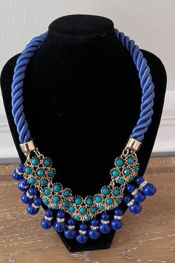 Vintage Banana Republic Blue Gold Turquoise Dangle Crystal Braided Rope Necklace