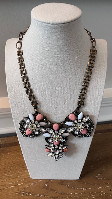 Vintage Chicos Large Floral Pink & Quartz Gemstone Statement Necklace