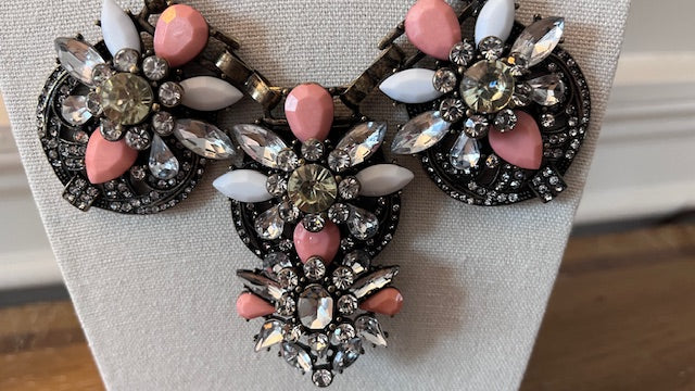 Vintage Chicos Large Floral Pink & Quartz Gemstone Statement Necklace