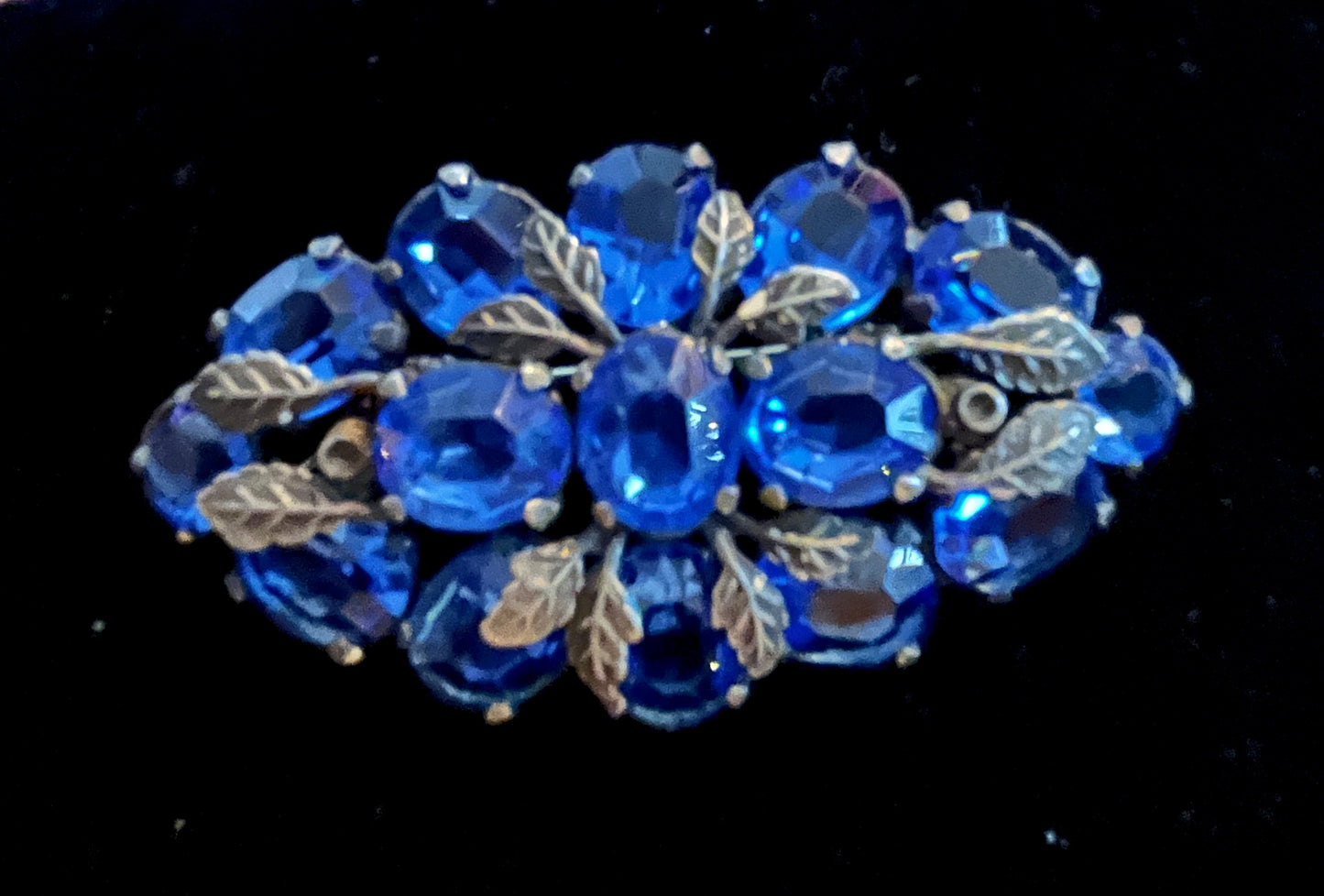 1940's Czech Blue Crystal & Silver Leaf Rhinestone Brooch