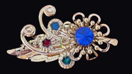 1950's Gold Tone Blue Red Green Flower Brooch