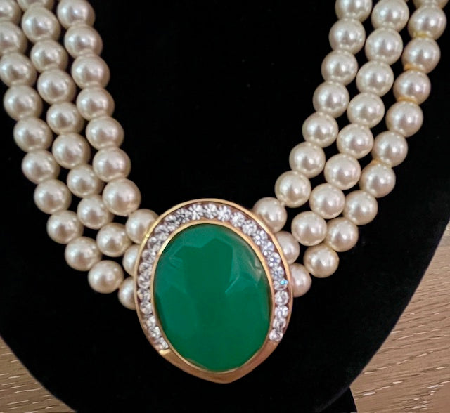 Vintage 16" Triple Strand Pearl Jade Crystal Statement Estate Necklace