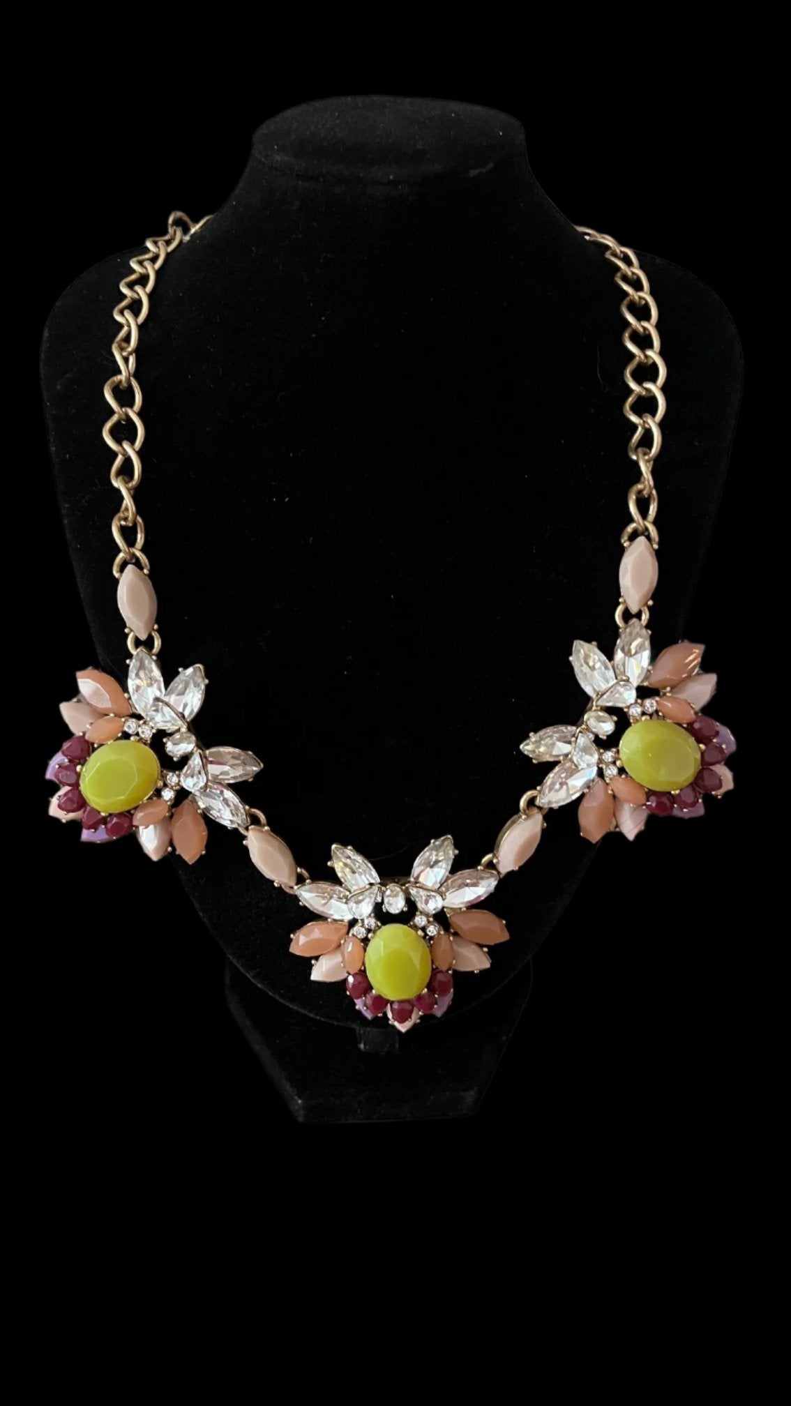 Vintage J Crew Gold Tone Rhinestone Peach Lilac Statement Necklace