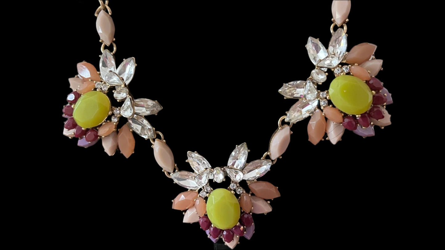 Vintage J Crew Gold Tone Rhinestone Peach Lilac Statement Necklace