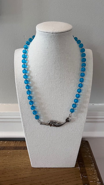 Vintage Blue Sea Glass Silver Mermaid Necklace