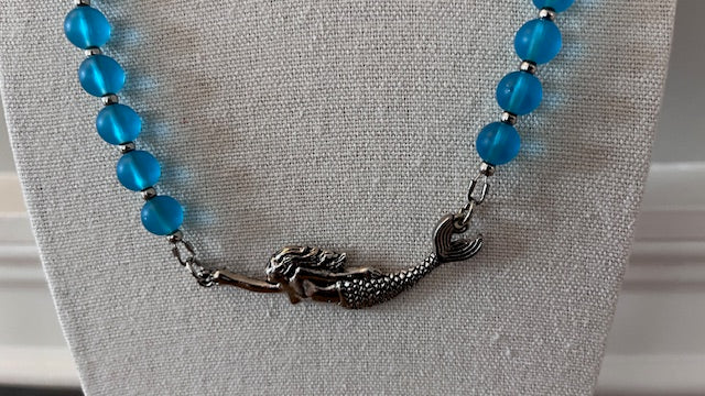 Vintage Blue Sea Glass Silver Mermaid Necklace