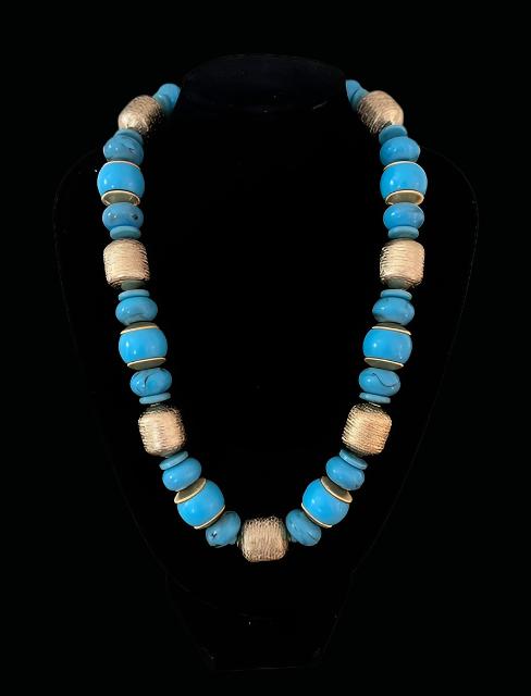 Vintage Monet Beaded Blue Gold Chunky 16" Necklace