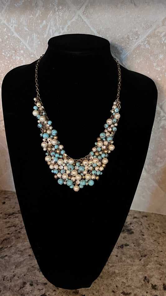 Charter Club Vintage Bib Strand Blue Pearl Rhinestones Necklace